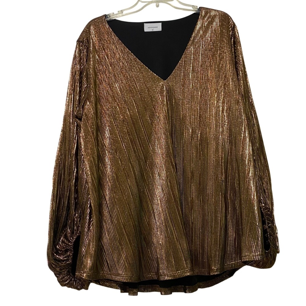 Copper Metallic Adrienne Pleated V-neck Top 2X Disco Glam Holiday NYE Made USA